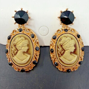 Cameo Style Drop Earrings Black Gold Tone Victorian Lady Oval 24mm